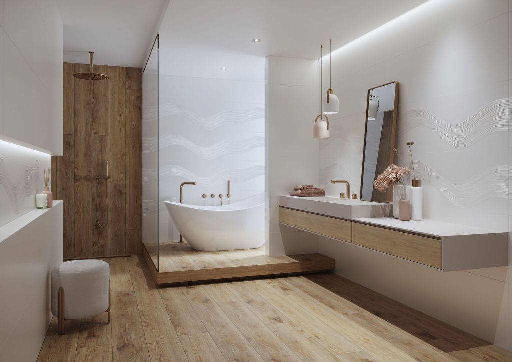 Biała łazienka z drewnem - 7 pomysłów na aranżacje z płytkami Opoczno zdj. 4