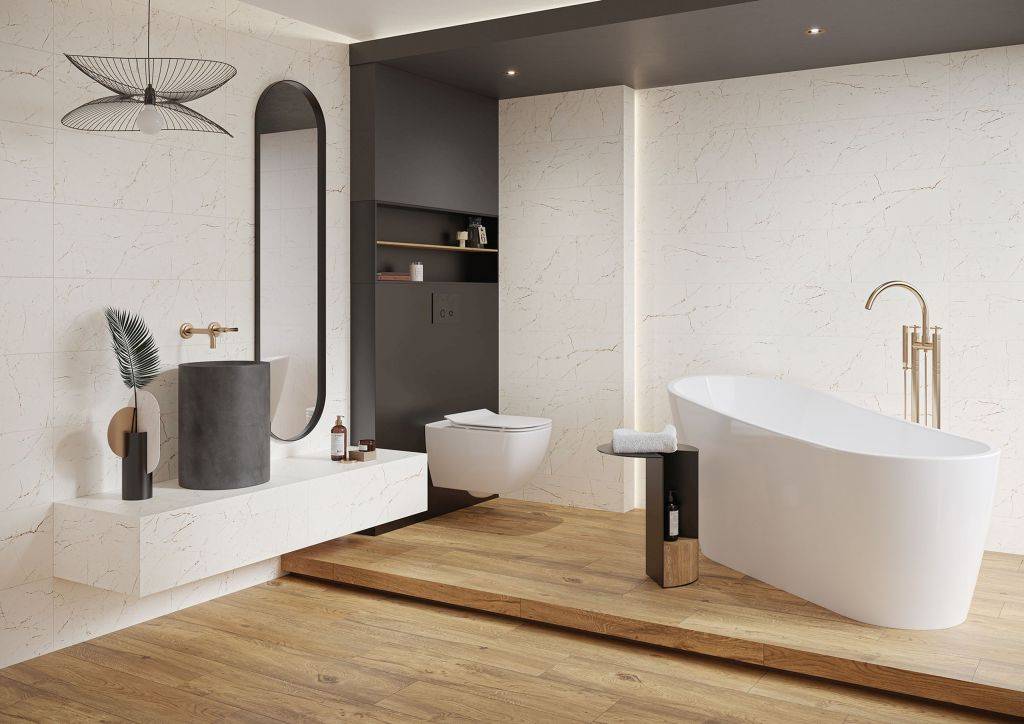 Biała łazienka z drewnem - 7 pomysłów na aranżacje z płytkami Opoczno zdj. 2