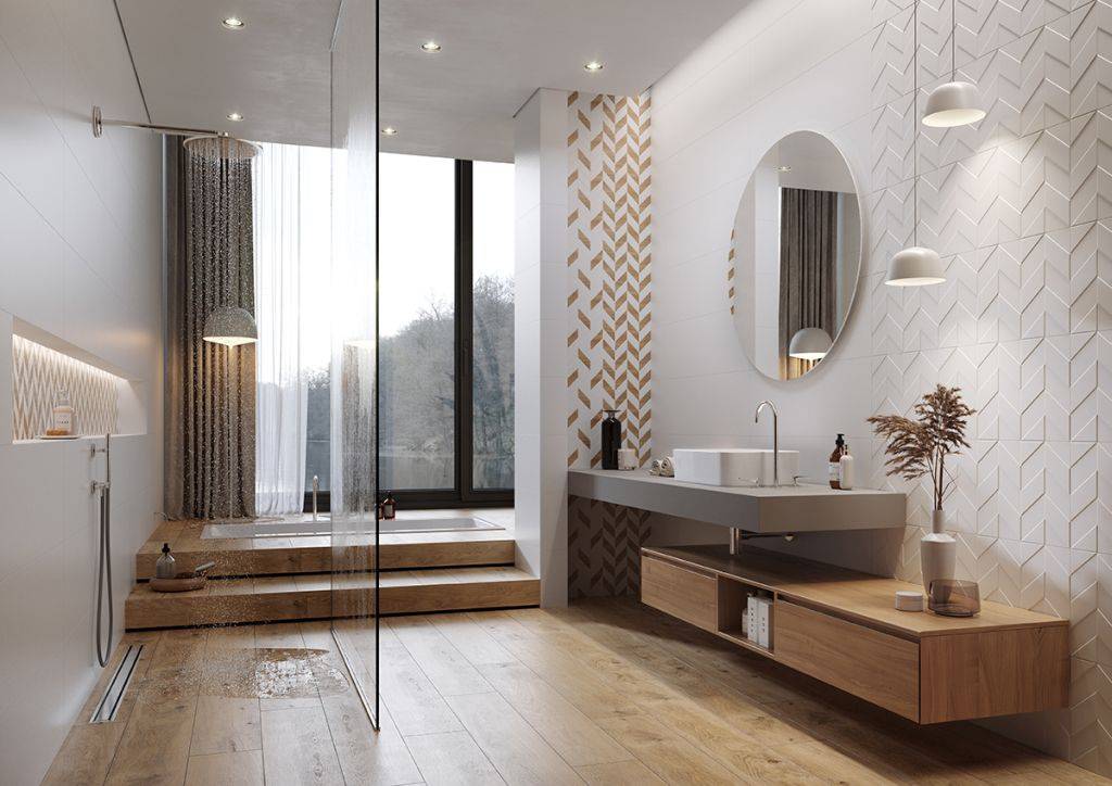 Biała łazienka z drewnem - 7 pomysłów na aranżacje z płytkami Opoczno zdj. 5